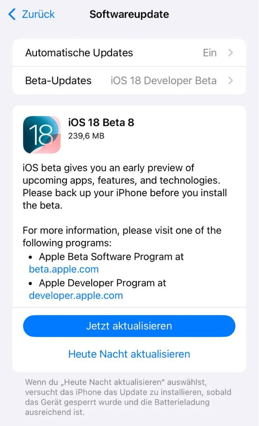 鄂州苹果手机维修分享苹果 iOS / iPadOS 18 开发者预览版 Beta 8 发布 